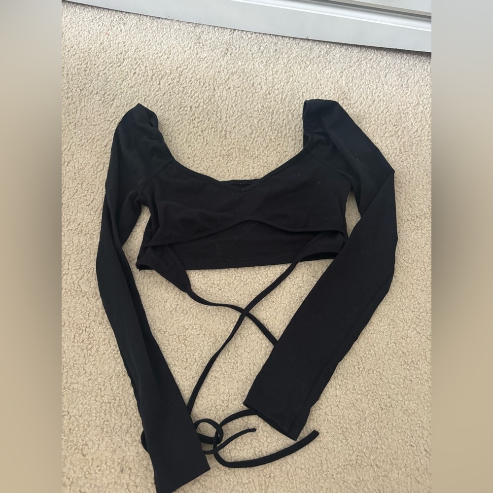 SHEIN Black Long Sleeve Tie Front Bodysuit